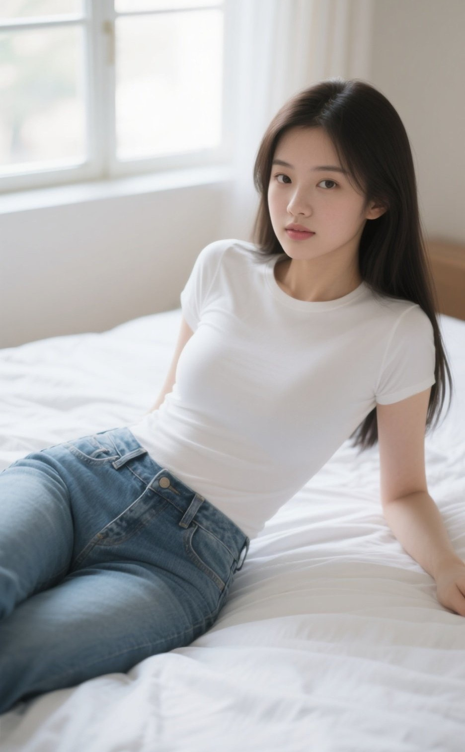 纯欲系美女居家秀，牛仔裤搭配温柔浅笑