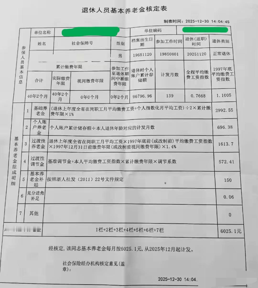 浙江的平均退休金高不高？这是一份浙江省的退休人员基本养老金核定表，2025年
