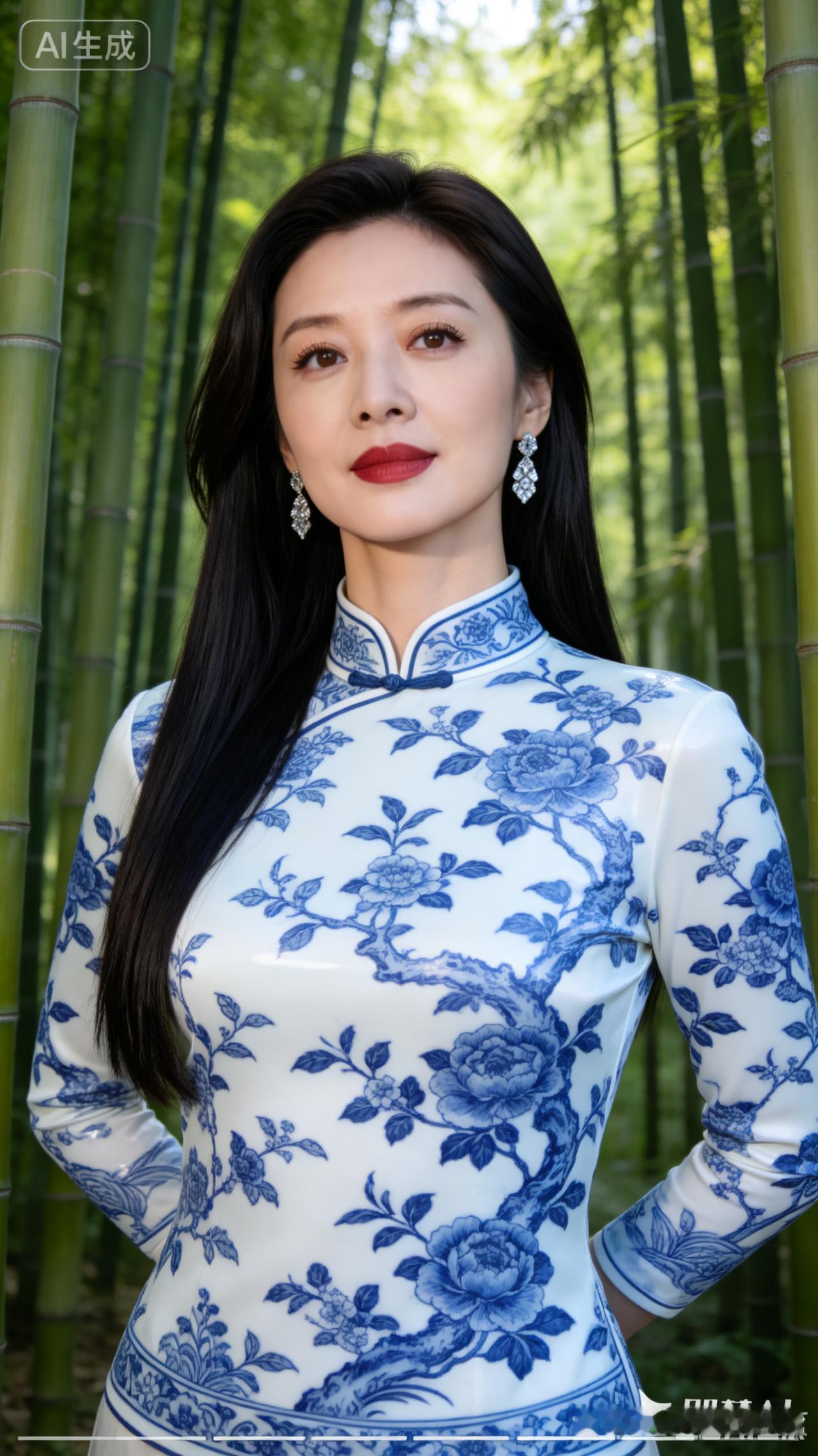 竹林中的古典美人，蓝白相间的旗袍，尽显东方韵味。