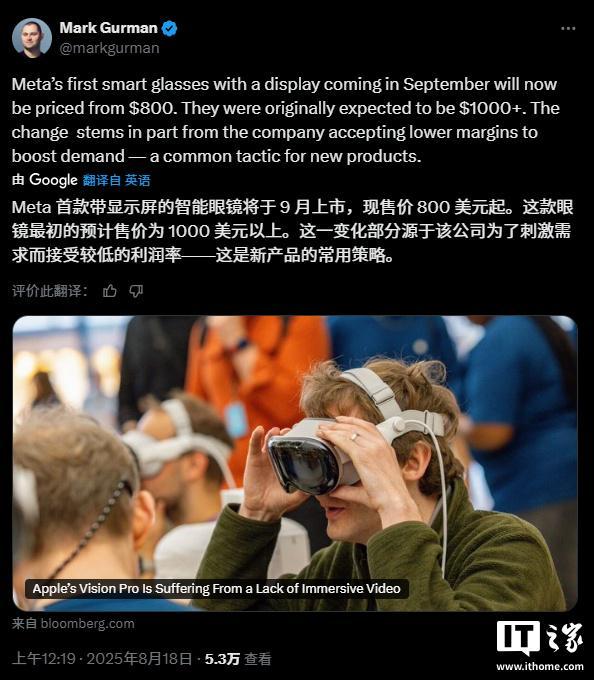古尔曼: Meta 首款带显示屏的智能眼镜下月上市, 售价 800 美元起