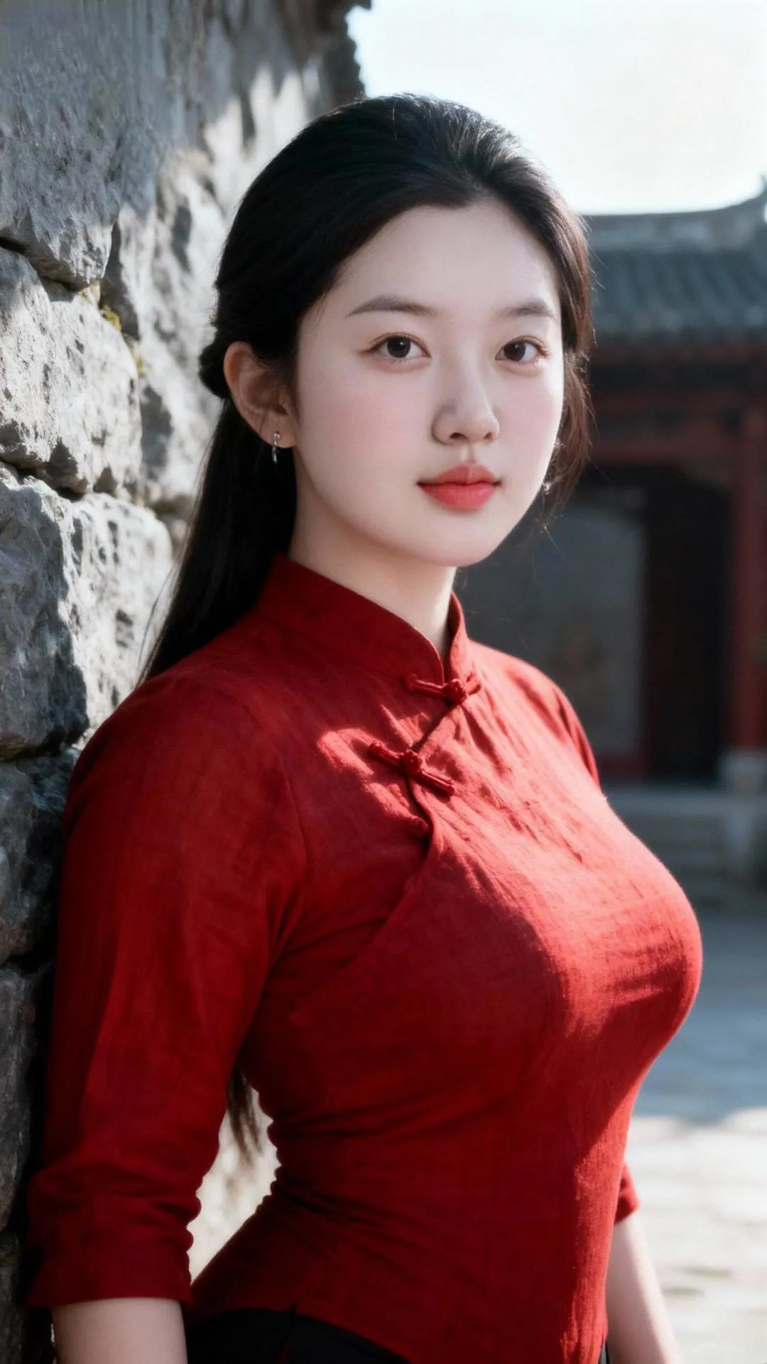 红衣少女倚石墙，古韵悠然，美不胜收。