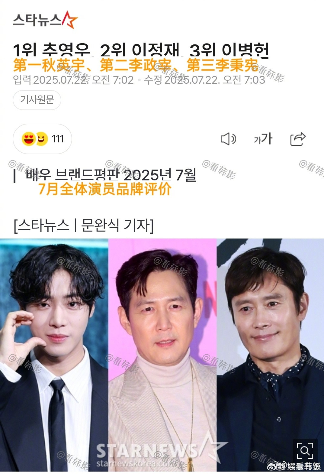 韩国演员7月品牌评价榜韩国今年爆火的男演员近日，2025年7月韩国全体演员品牌