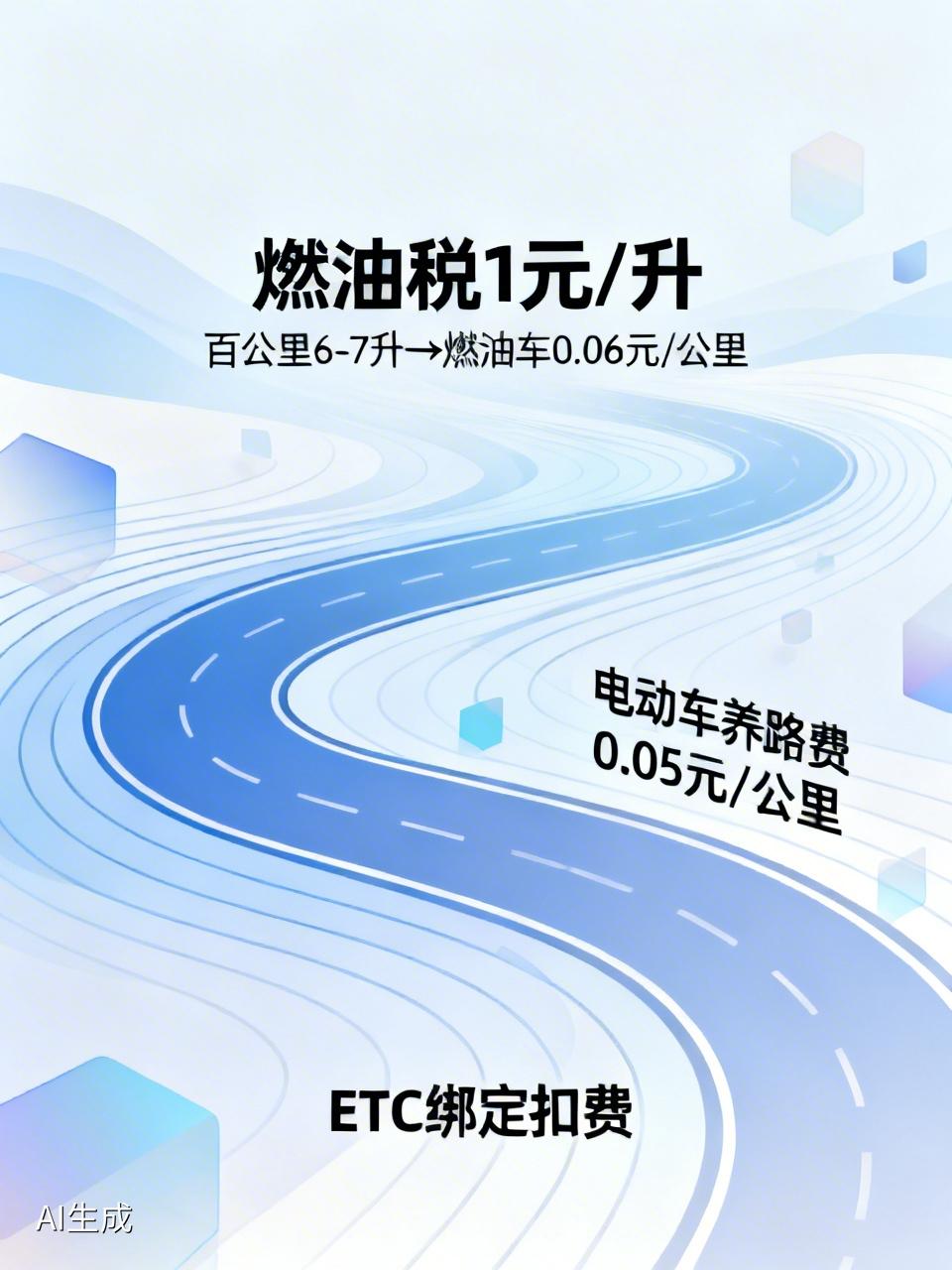 公路养路费改为燃油税，一升一块钱，按百公里六到七个油计算，就是相当于燃油车一公里