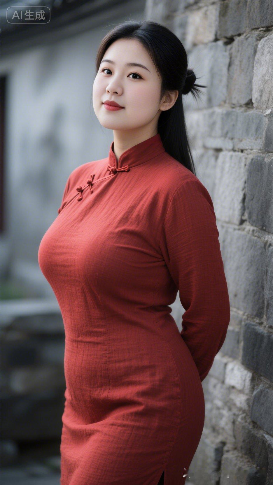 复古旗袍，优雅气质，石墙背景，尽显东方韵味。