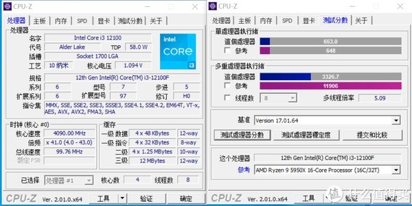 为了看看i312100f与i512600kf的性能差距,跑了个cpuz,8线程的i312100f