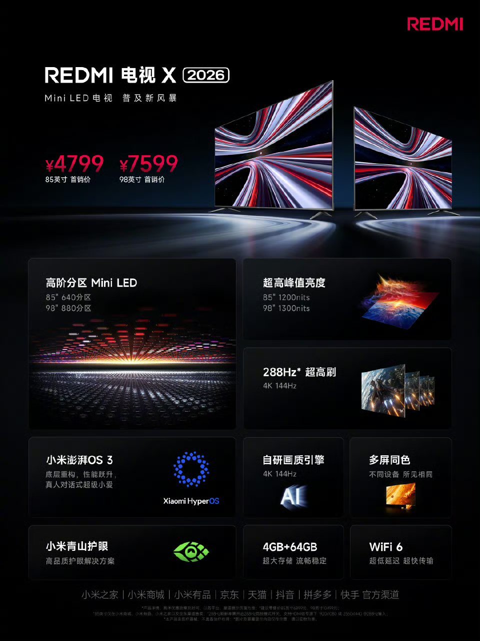 REDMI电视X2026款发布，98英寸：7599元、85英寸售