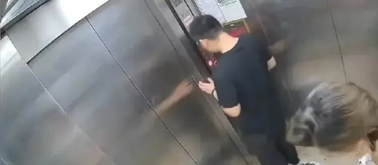 女子牵着狗狗坐电梯，同乘电梯的一名男子吓得靠在电梯角落瑟瑟发抖，嘴里不停的指责女