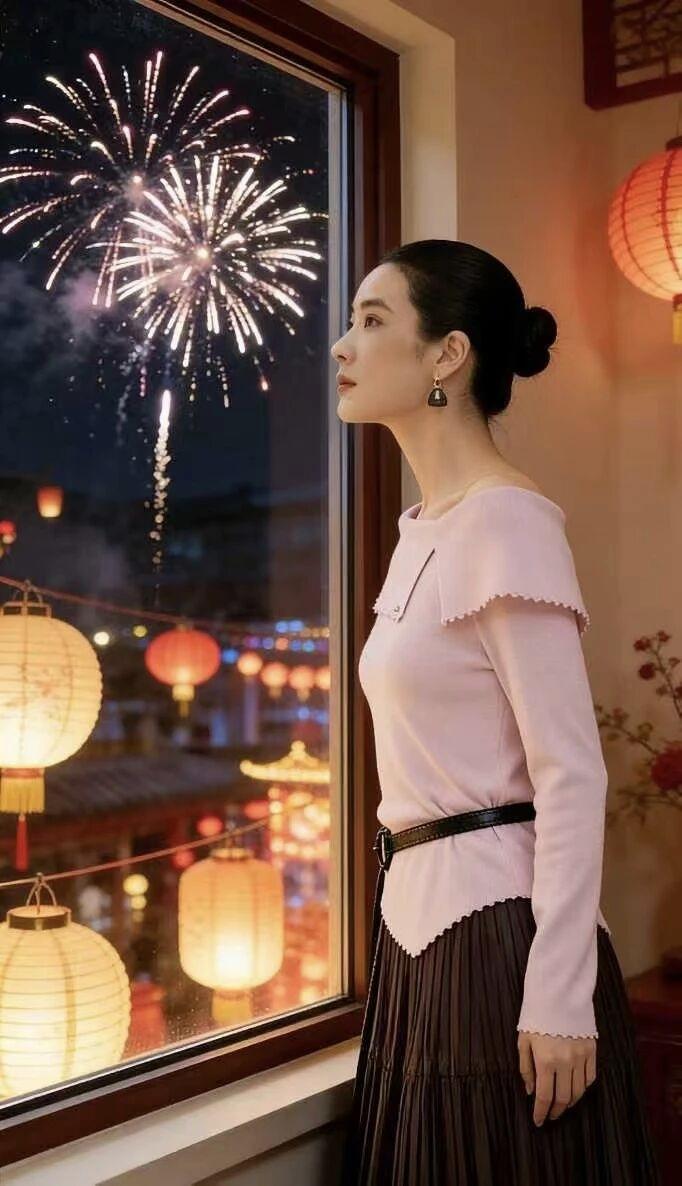 窗外的烟火，窗内的她，静谧的夜晚，美丽的瞬间。