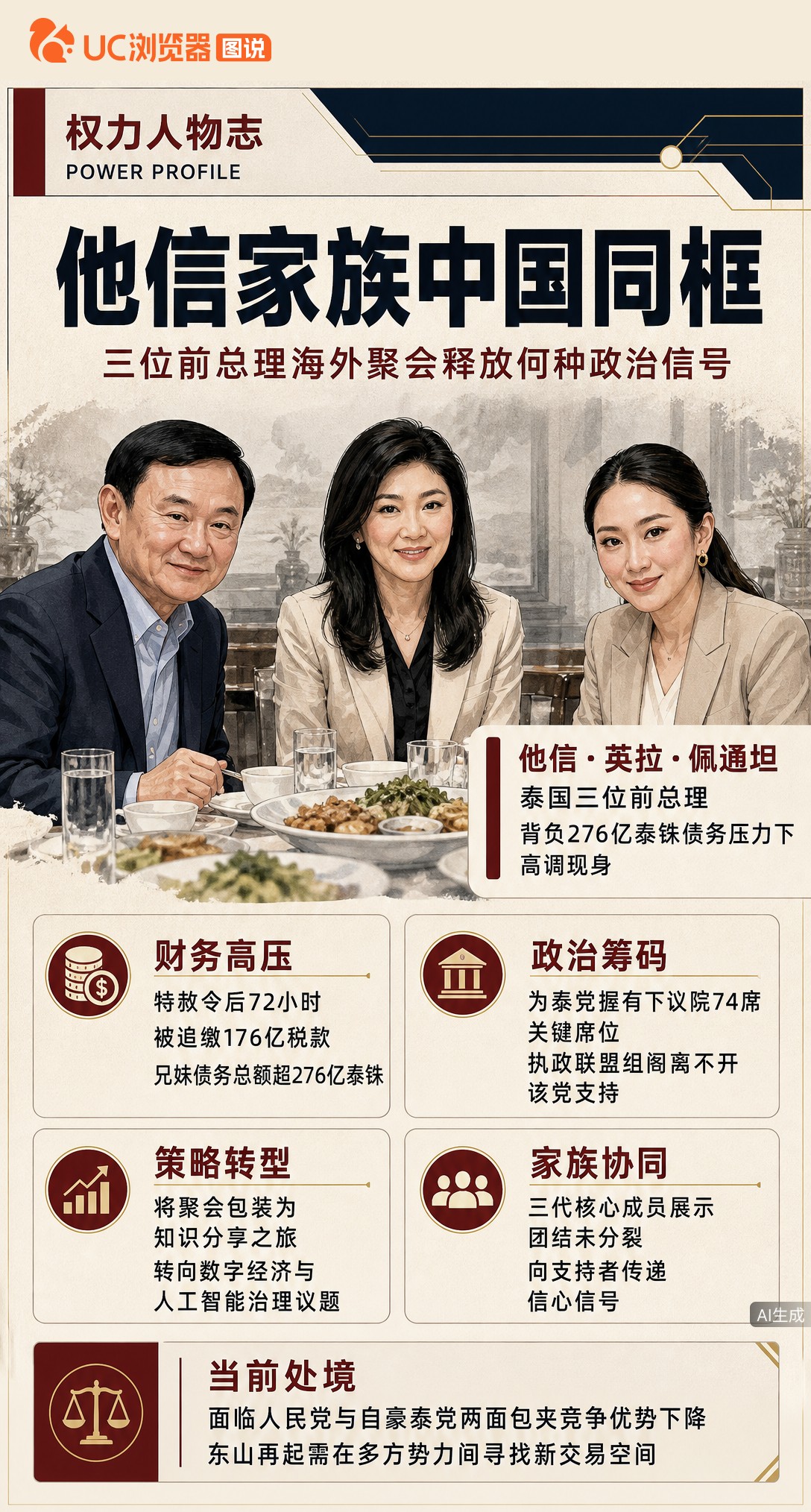他信、英拉、佩通坦三位前总理在中国同框聚餐，恰逢特赦令后72小时被追缴176亿税款。这顿饭是家庭聚会