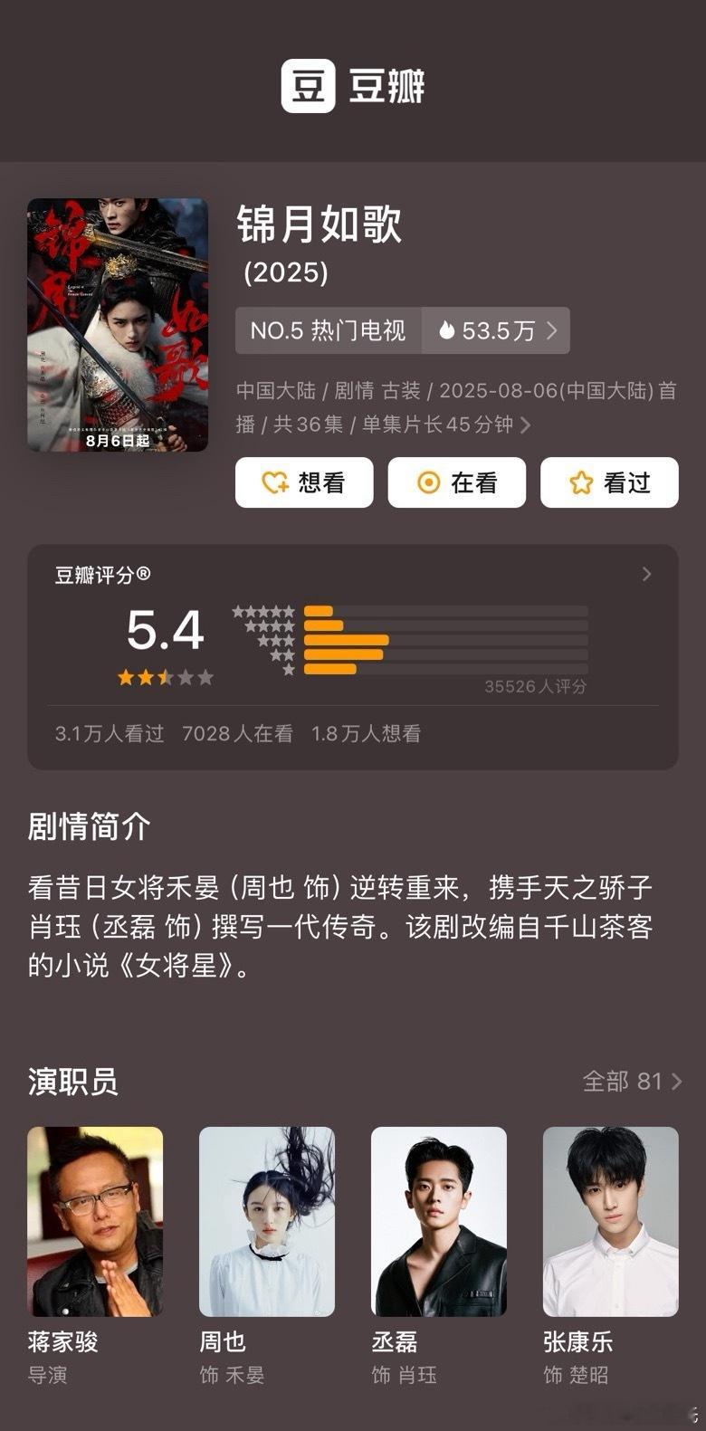 周也、丞磊锦月如歌豆瓣开分5.4，评分人数3.5万；三⭐️、二⭐️占比最多；超点