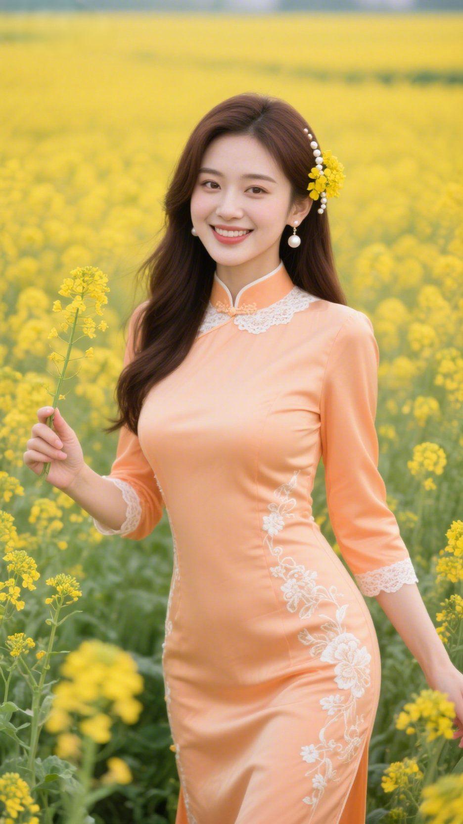 春郊金浪千畴金浪沐晴光，遍野金黄接昊苍。风拂花田翻细浪，晴熏嫩蕊绽清香。