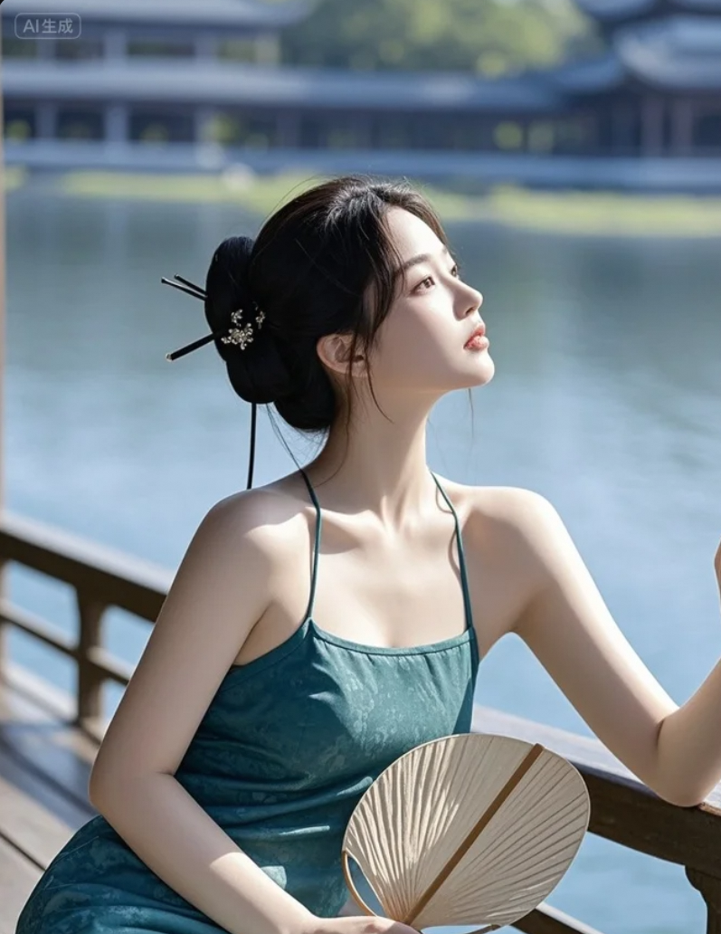 她站在湖边，像在等一句“我来了”
