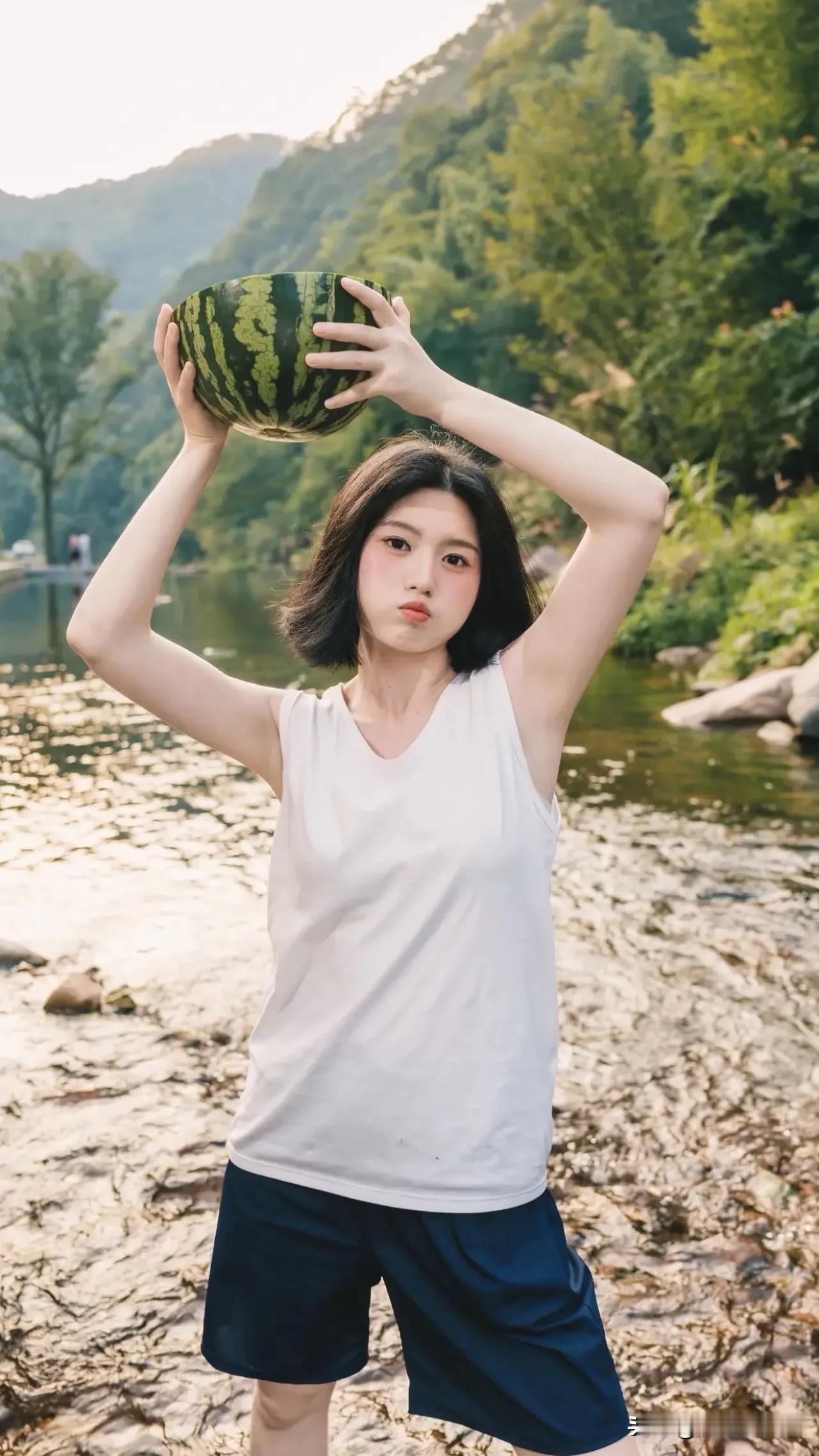 河边西瓜女孩的清凉时光阳光洒满河岸，西瓜的清甜在舌尖绽放。微风轻拂