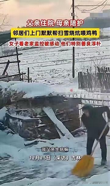 吉林女子父亲住院，母亲陪床，家里鸡鸭没人喂，积雪堆到膝盖。邻居们见她家烟囱