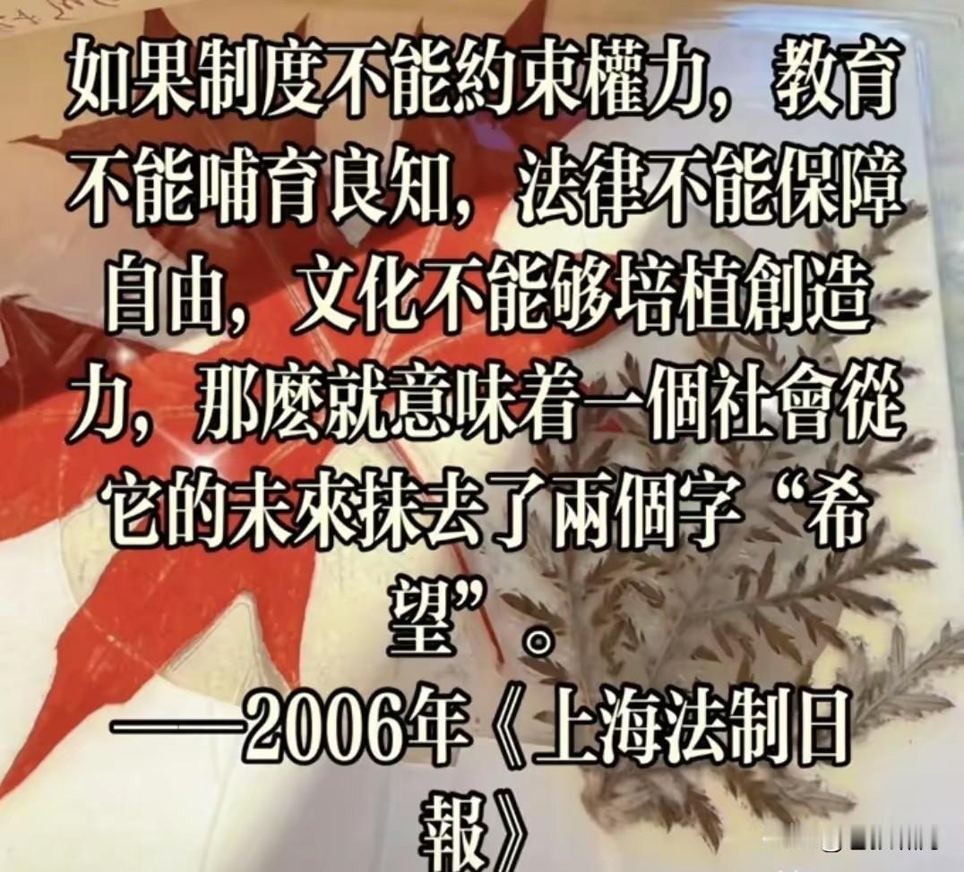 如果制度不能约束权力，教育不能哺育良知，文化不能够培植创造力，那就意味着一个社会