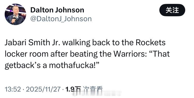 赛后，勇士队记DaltonJohnson分享了他看到的一个细节：小贾巴里-史密