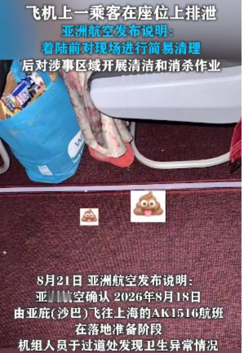 “太恶心了！”8月18日，一女子在坐飞机时，感觉肚子不舒服，随后直接在座位上排泄