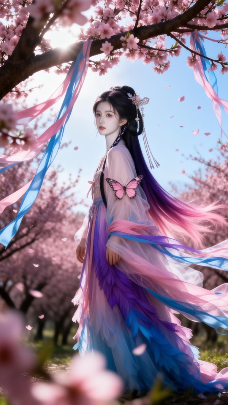 樱花树下，仙气飘飘的少女，粉蓝相间的长裙随风飘扬，宛如梦境。