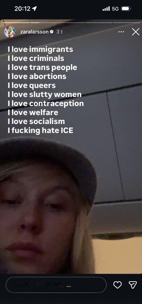 为了声援美国移民执法局特工击毙的左翼抗议女性，瑞典女歌手ZaraLarsson