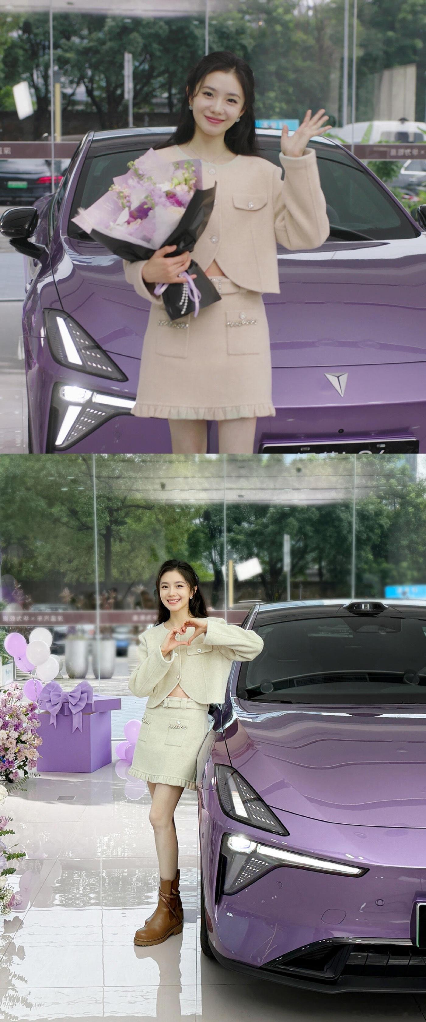 刘浩存申请当深蓝内测官起猛了！看见刘浩存当上测评博主了！香车配美人，紫色车身高