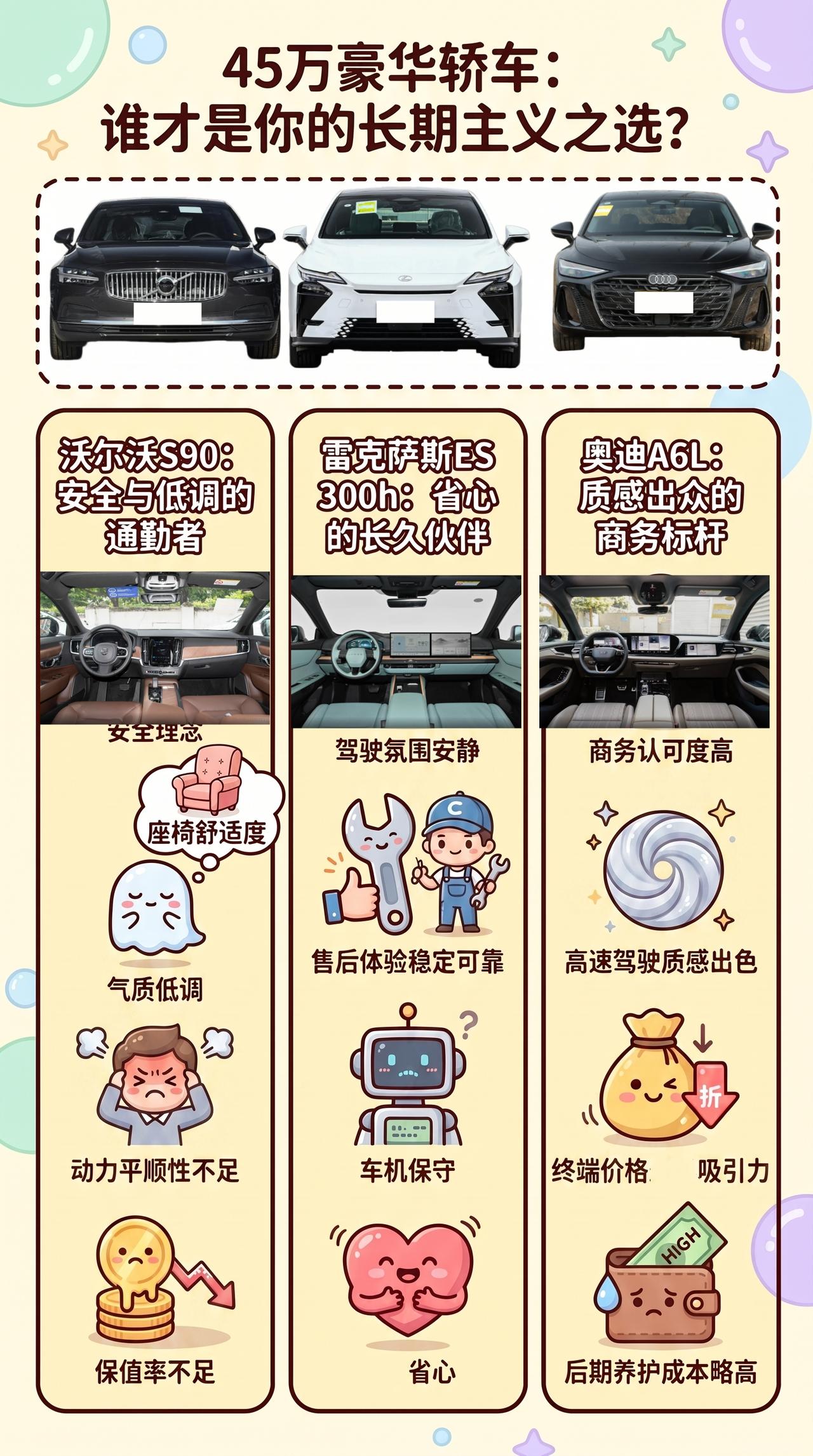 预算45万，沃尔沃S90、雷克萨斯ES300h、奥迪A6L长期持有怎么选？买