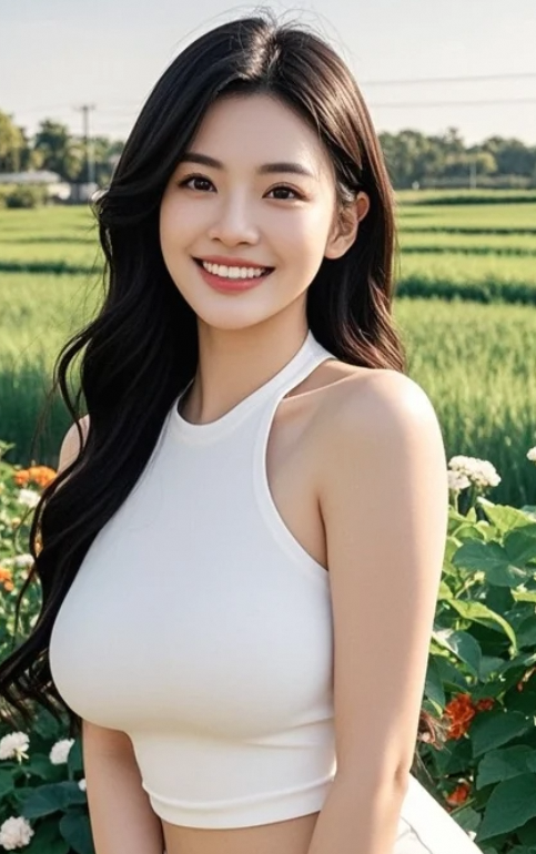 田园甜梦女生绽，镜里留香韵满园