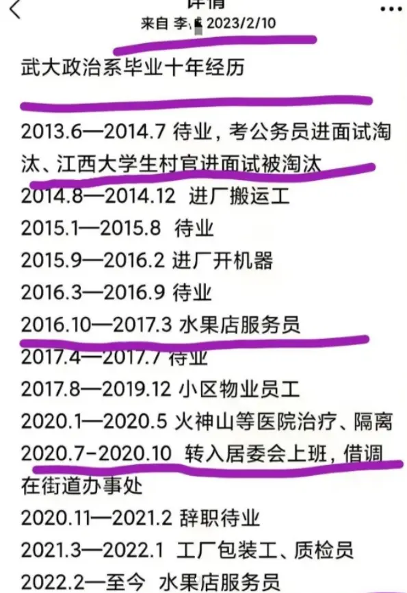 某武大毕业生毕业后十年的履历