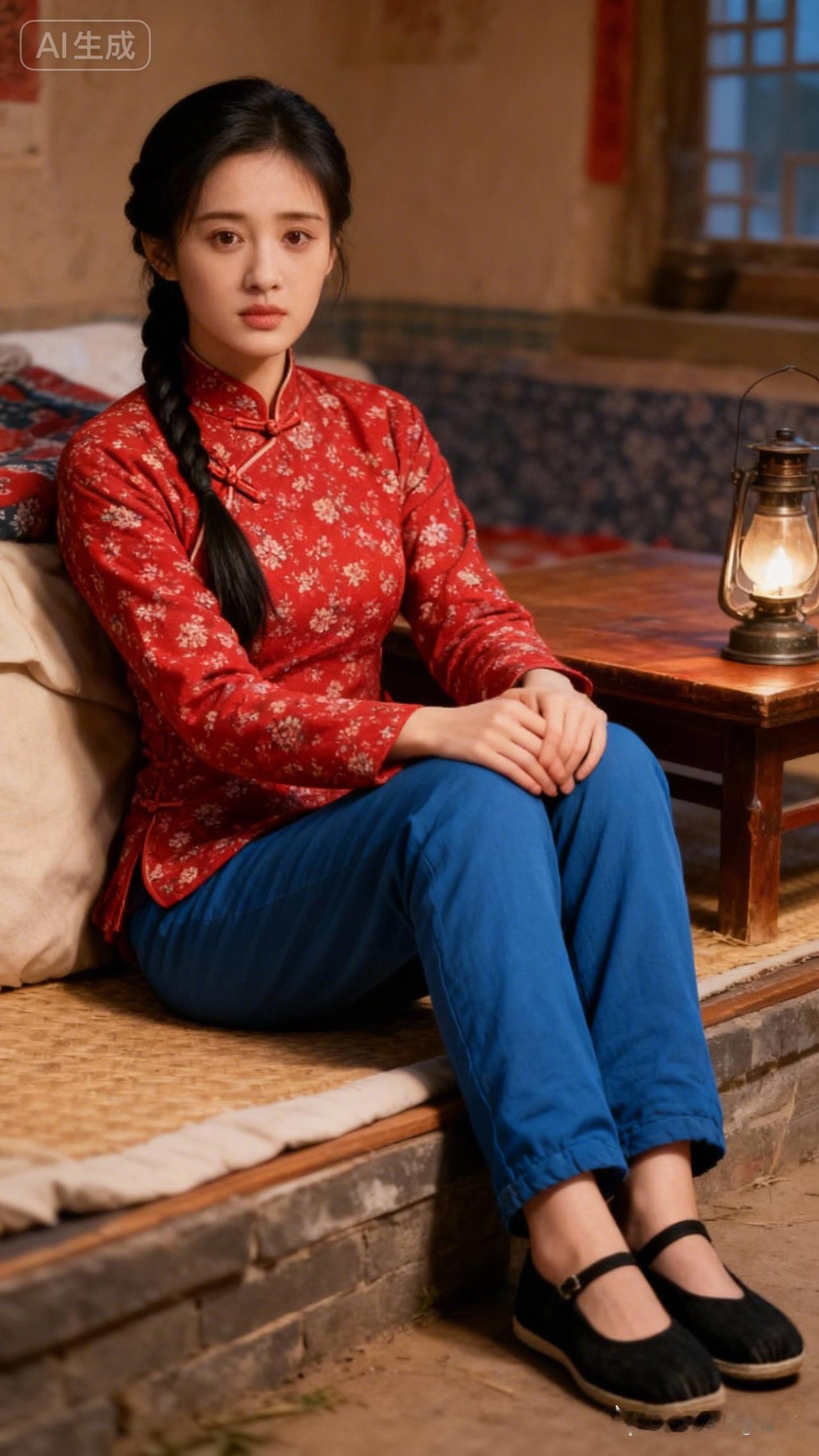 古风少女，红衣蓝裤，静坐古巷，韵味悠长。