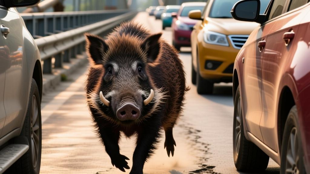 11月16日，重庆市城口县一头野猪在桥上遭车辆前后夹击，受惊后从20米高桥栏跃下