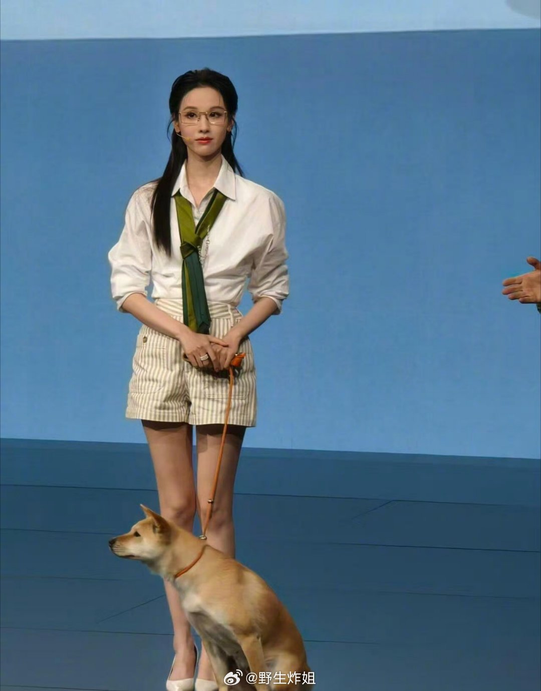 陈都灵在活动上还牵了一只大黄狗呢，戴着有框眼镜，一整个高知女性的即视感啊，不愧是