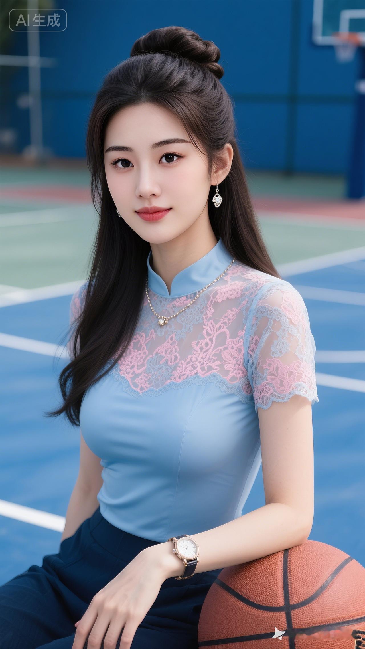 人像摄影，温柔气质年轻女子，精致盘发配八字刘海修饰脸型，大眼五官精巧。身着超薄蓝