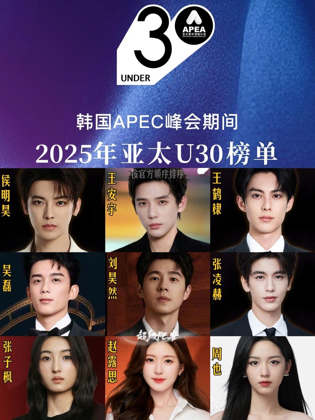 2025亚太U30杰出青年领袖榜单上榜艺人侯明昊、王安宇、王鹤棣、吴磊、刘昊然、