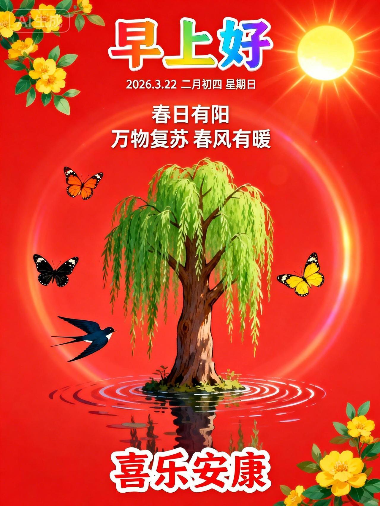 二月春风裁新绿，早安送福与君安。愿你三餐四季味常甘，岁岁无忧心自宽。