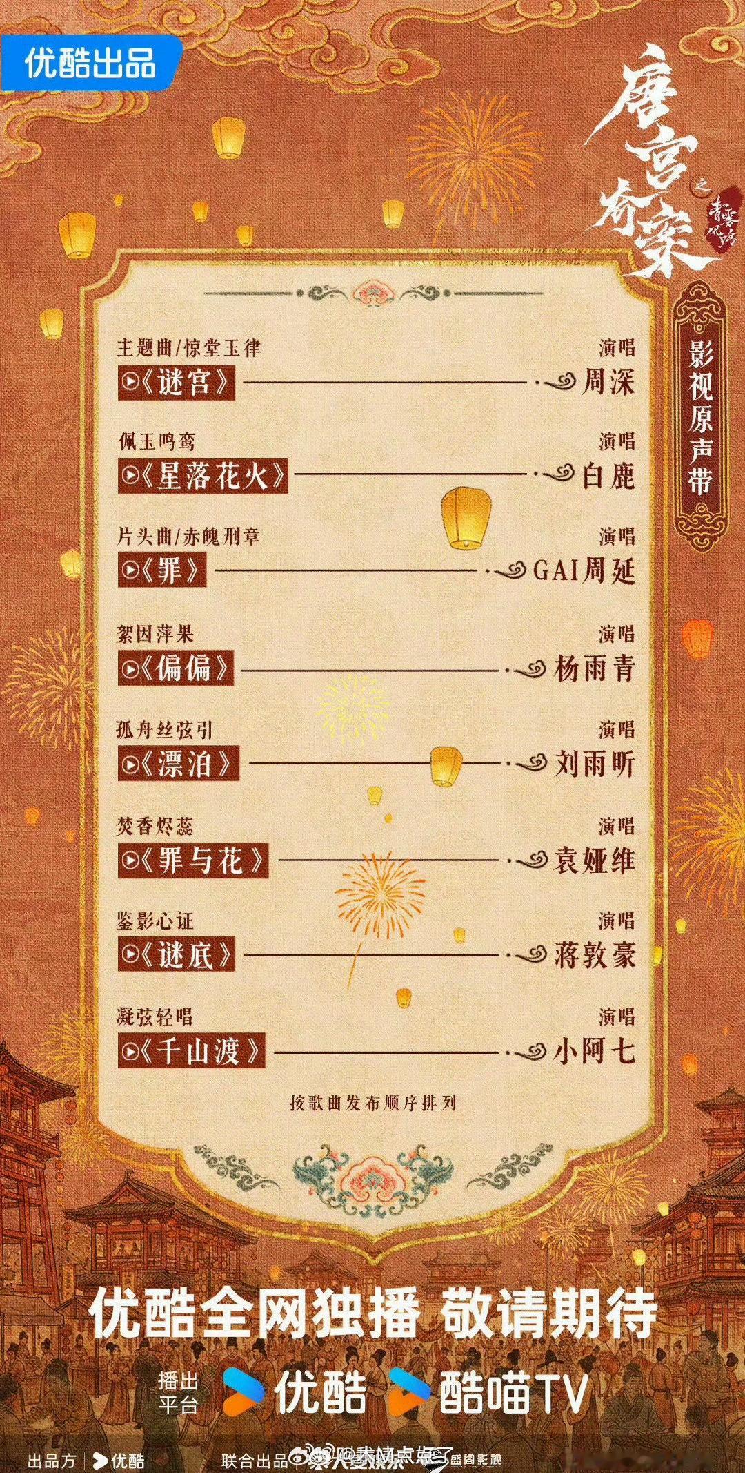 唐宫奇案OST试听《唐宫奇案》的OST🈶️，周深白鹿周延杨雨青刘雨昕