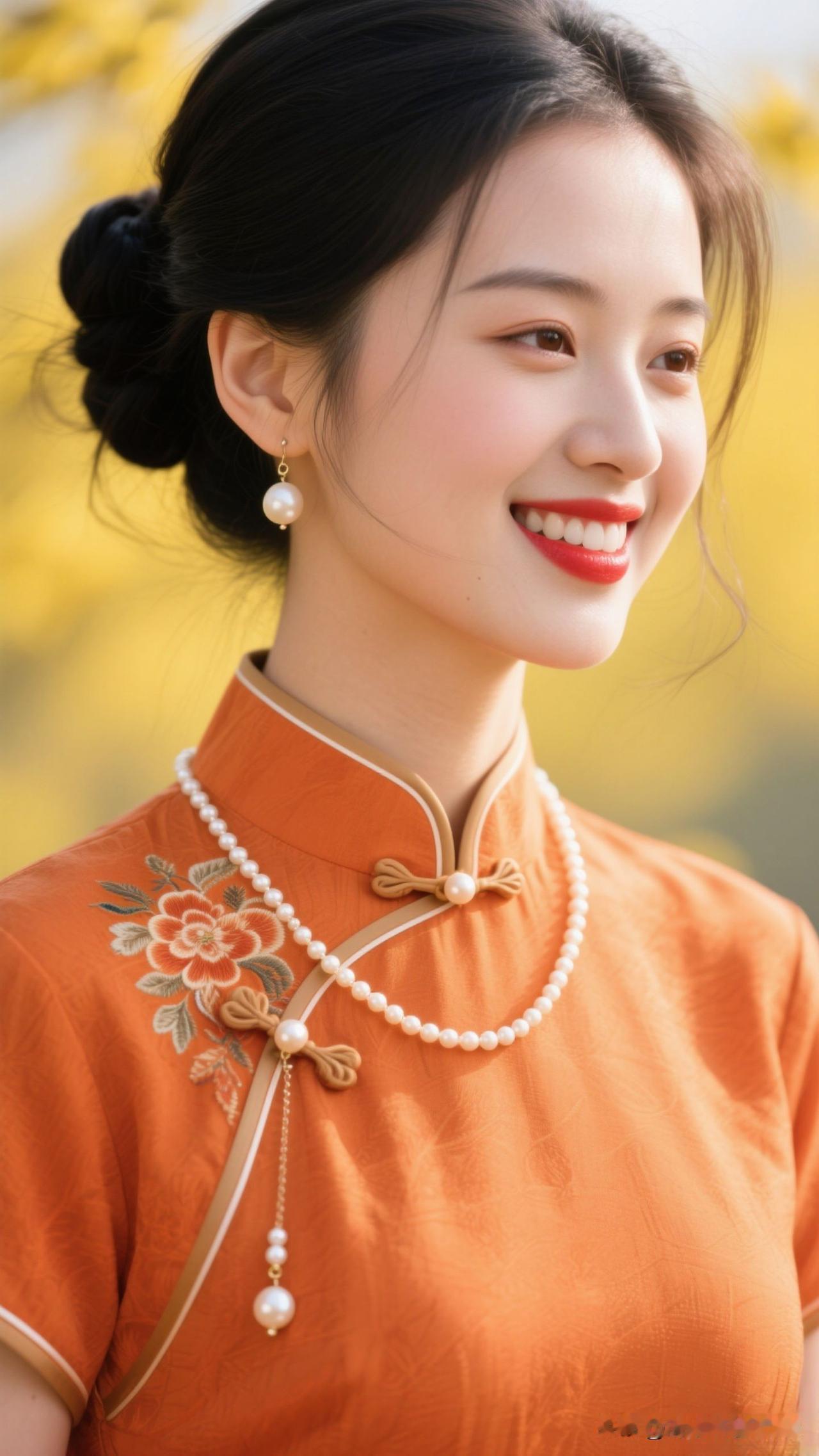 🍊暖橘织进旗袍的肌理，珍珠摇着江南的柔，连呼吸都浸着清冽又妥帖的浪漫。