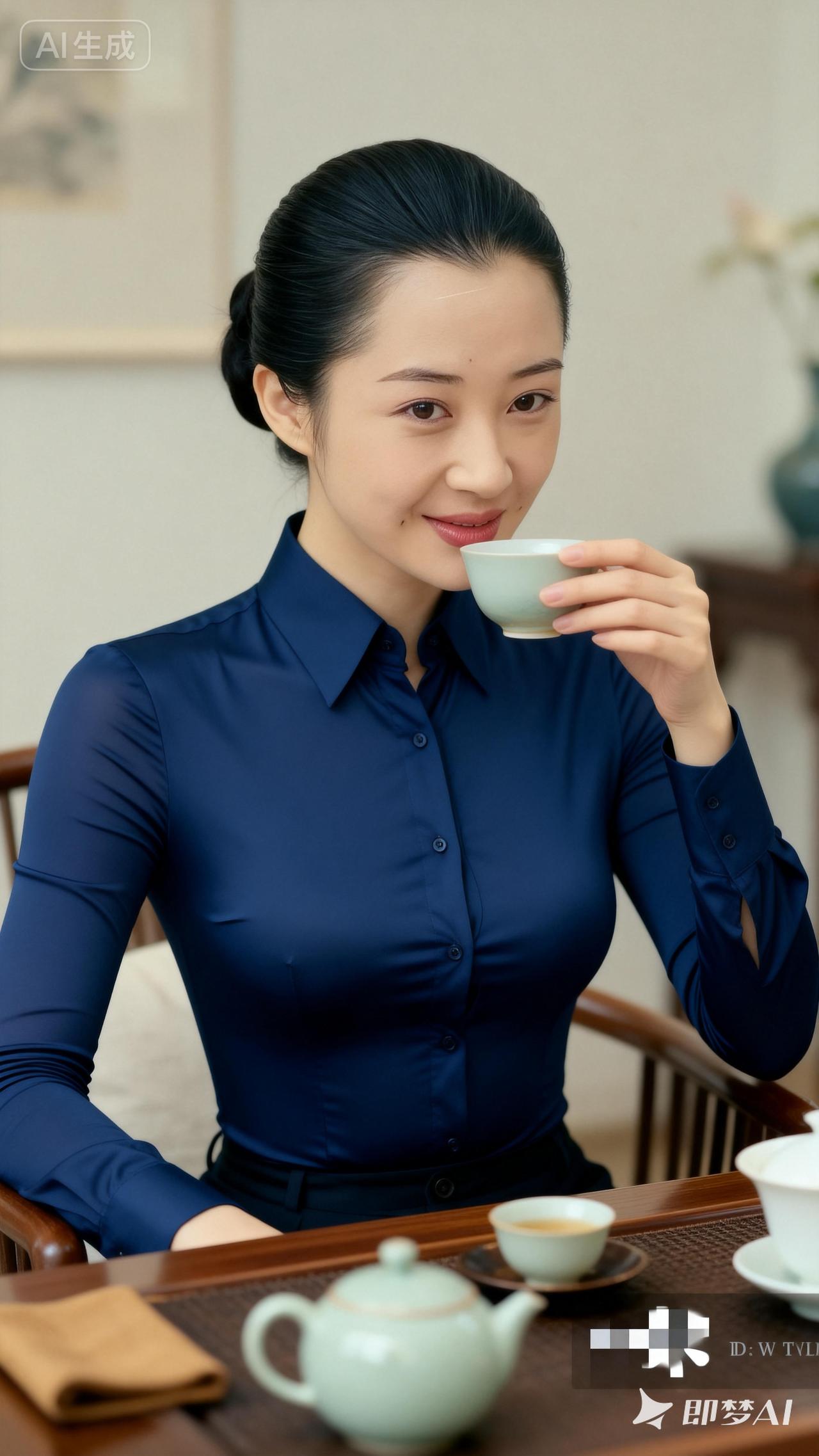 优雅品茶时光，蓝调衬衫与茶香相伴