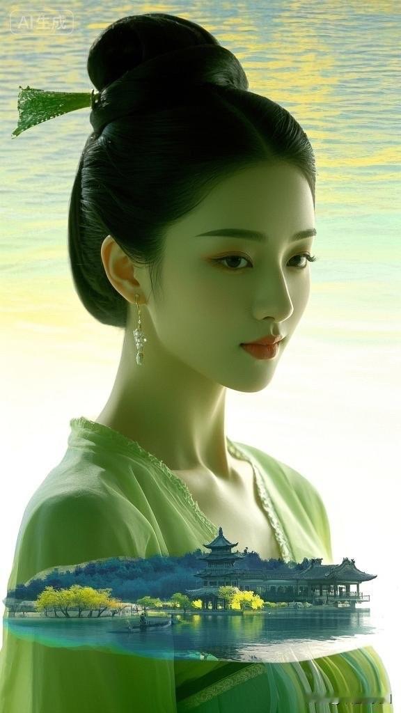 温婉古典，绿衣美人，湖畔静思，如画美景。