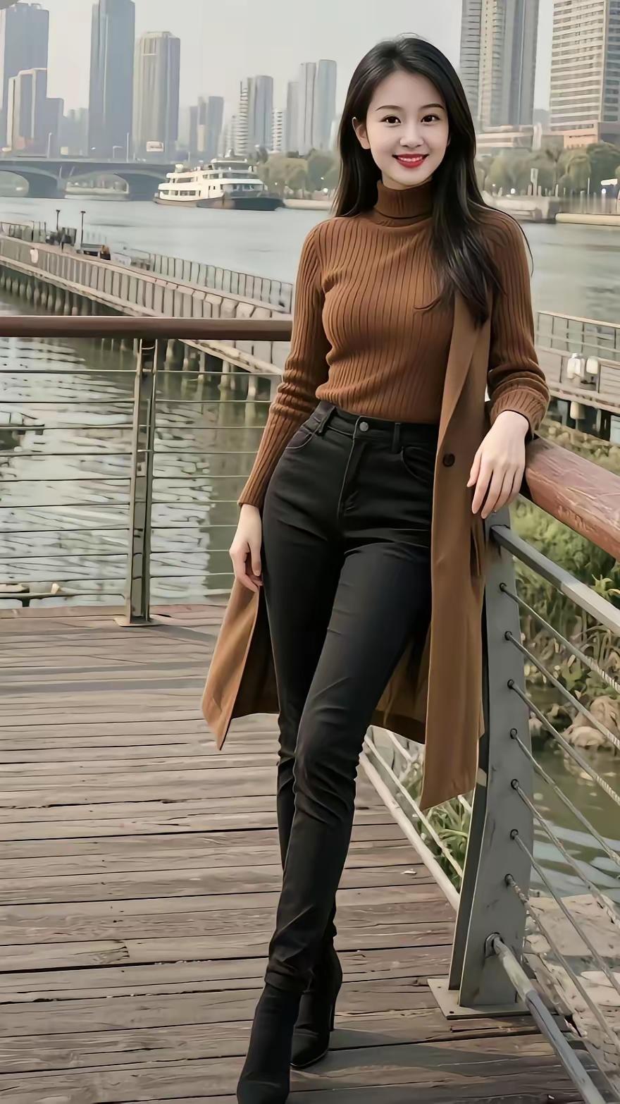 美女靠栏杆，城市风景美。女孩风景美女悬崖拍照木桥上的美人美女环绕景