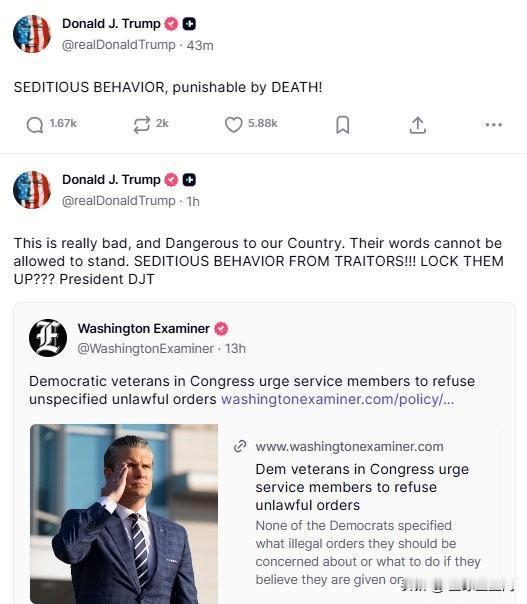 特朗普在TruthSocial上连发数帖，猛烈抨击发布视频的6名民主党