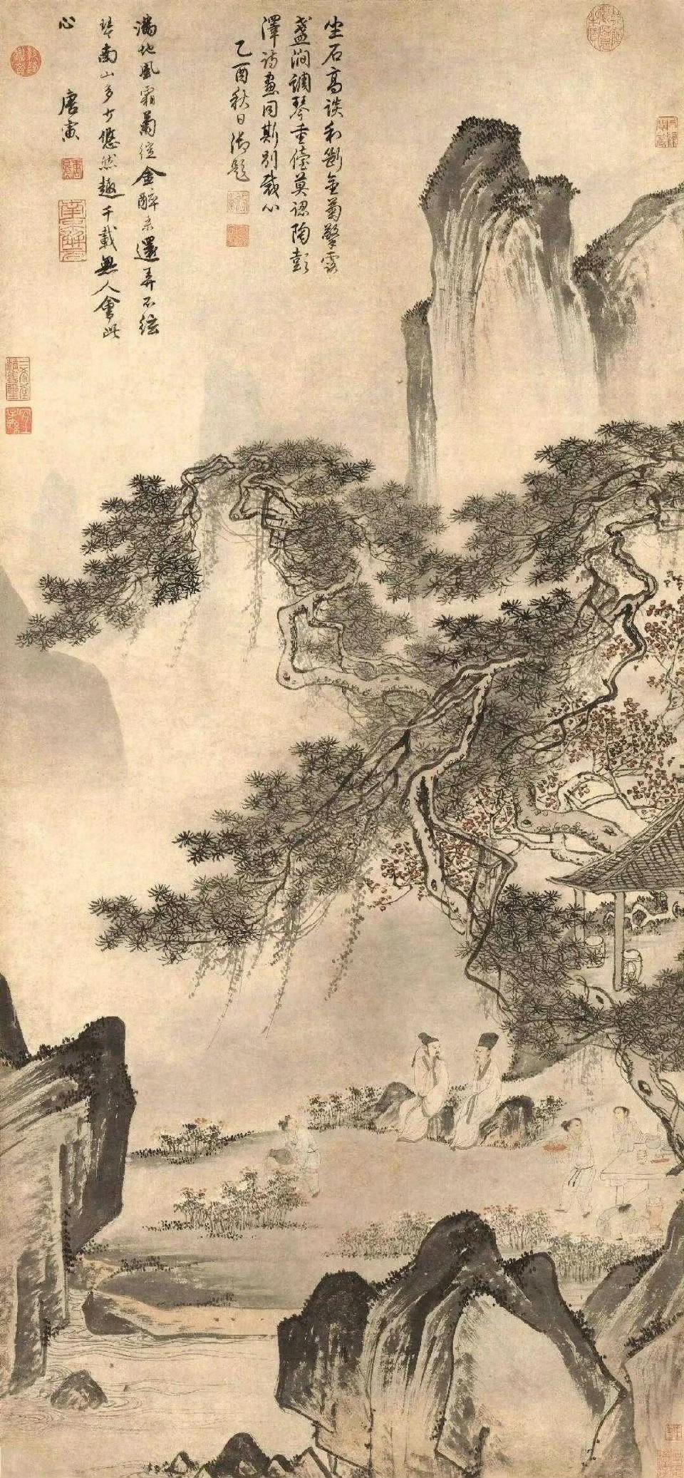 明唐寅《东篱赏菊图》。画面聚焦于陶渊明与友人在山林间赏菊倾谈的场景，二人神态从