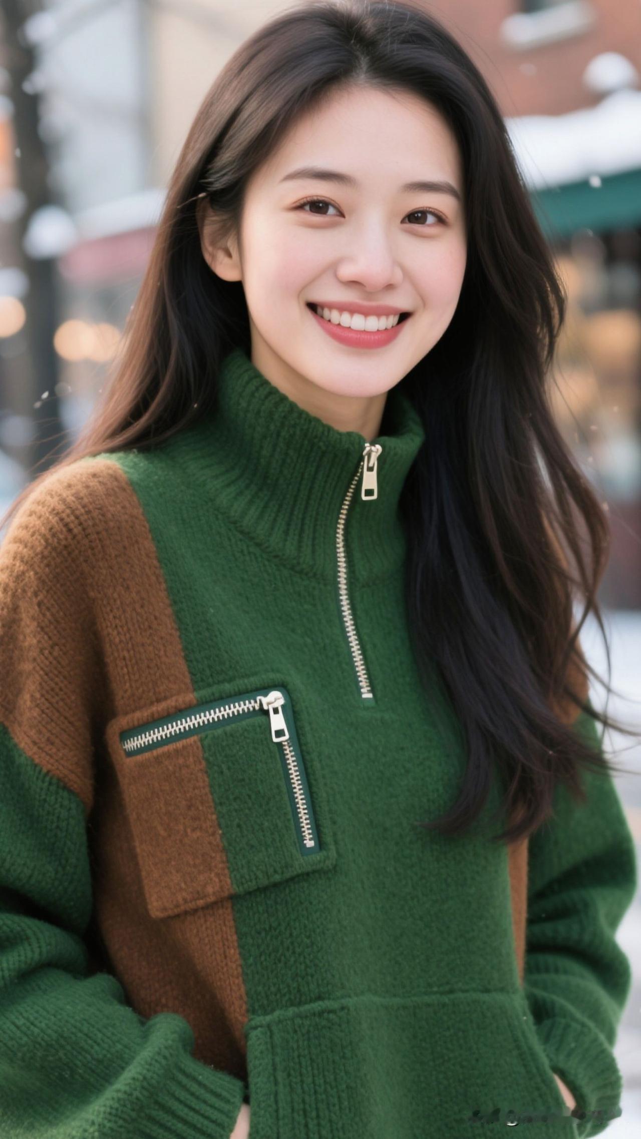 ❄️雪街为幕，绿棕毛衣织进冬阳的暖，拉链轻曳，连呼吸都浸着妥帖的温柔。