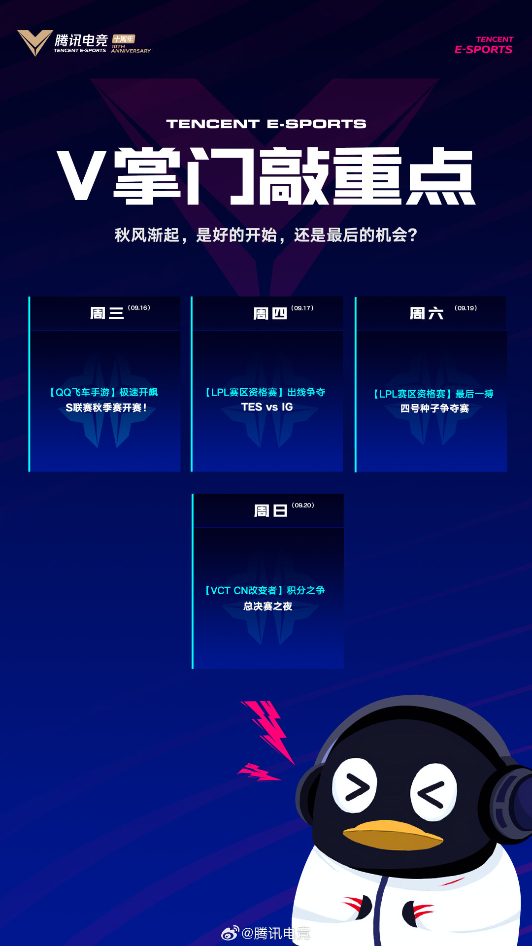 #V掌门敲重点#漫长的高温结束，秋意渐起，赛场上也风云变化~[星星]LPL赛区资格赛本周四开启，四支