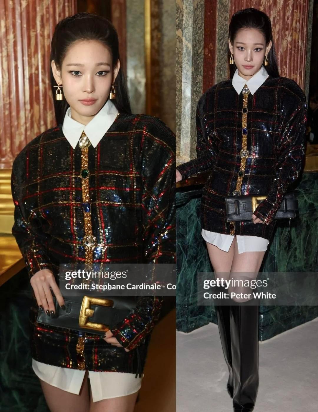 她没上班，但全球品牌排队给她送衣服。Balmain借她一副锁形耳环，当天就开快