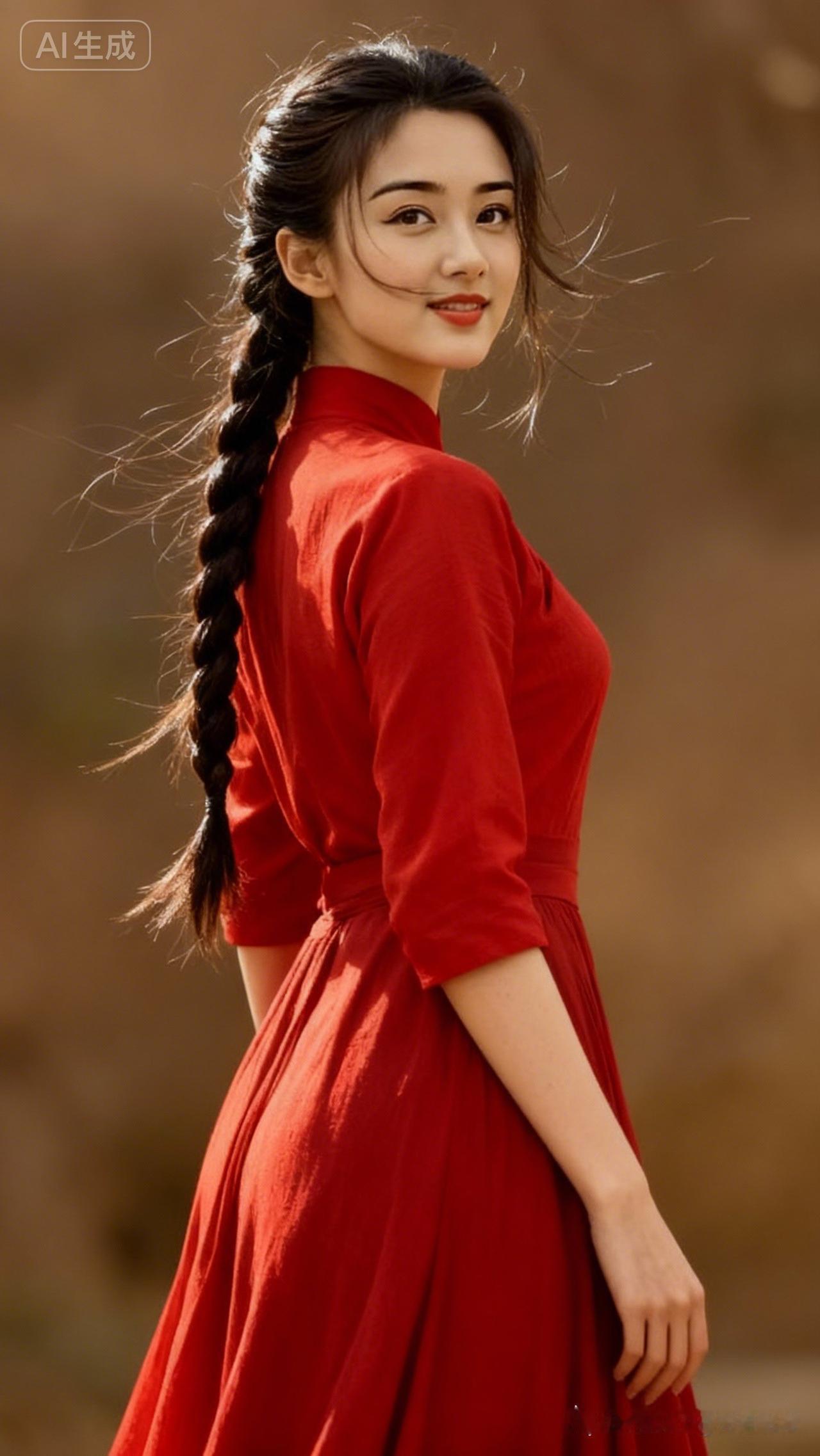 复古红裙少女，优雅侧颜，温柔微笑！