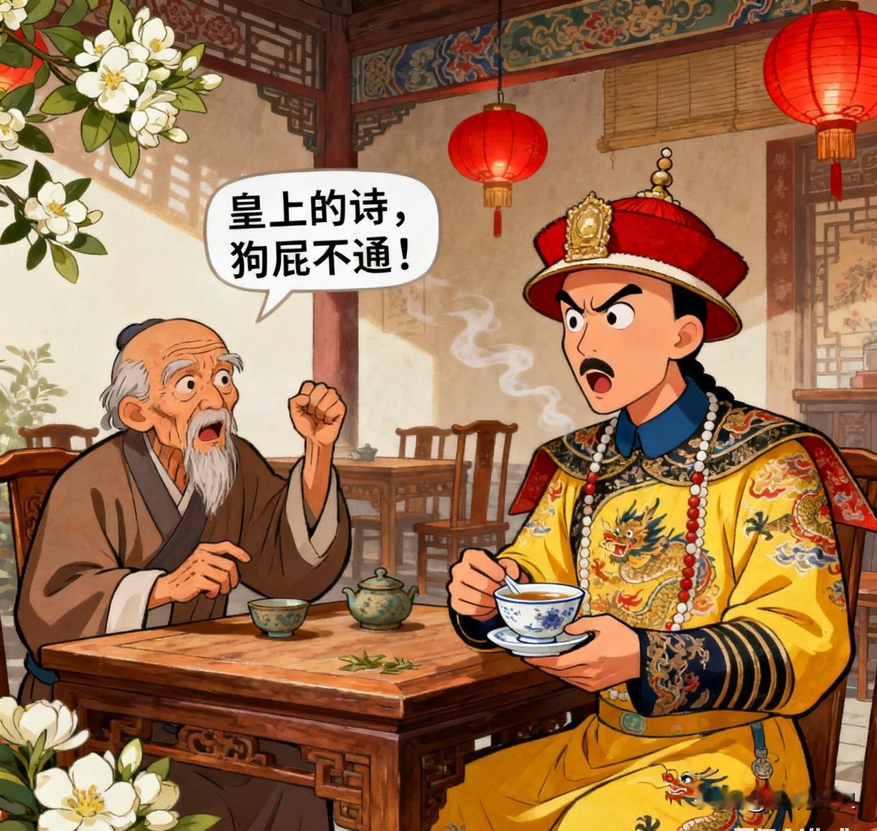 乾隆年间，乾隆茶馆闲坐，忽闻一老头骂：“皇上的诗，狗屁不通！”他刚要发火，老头下