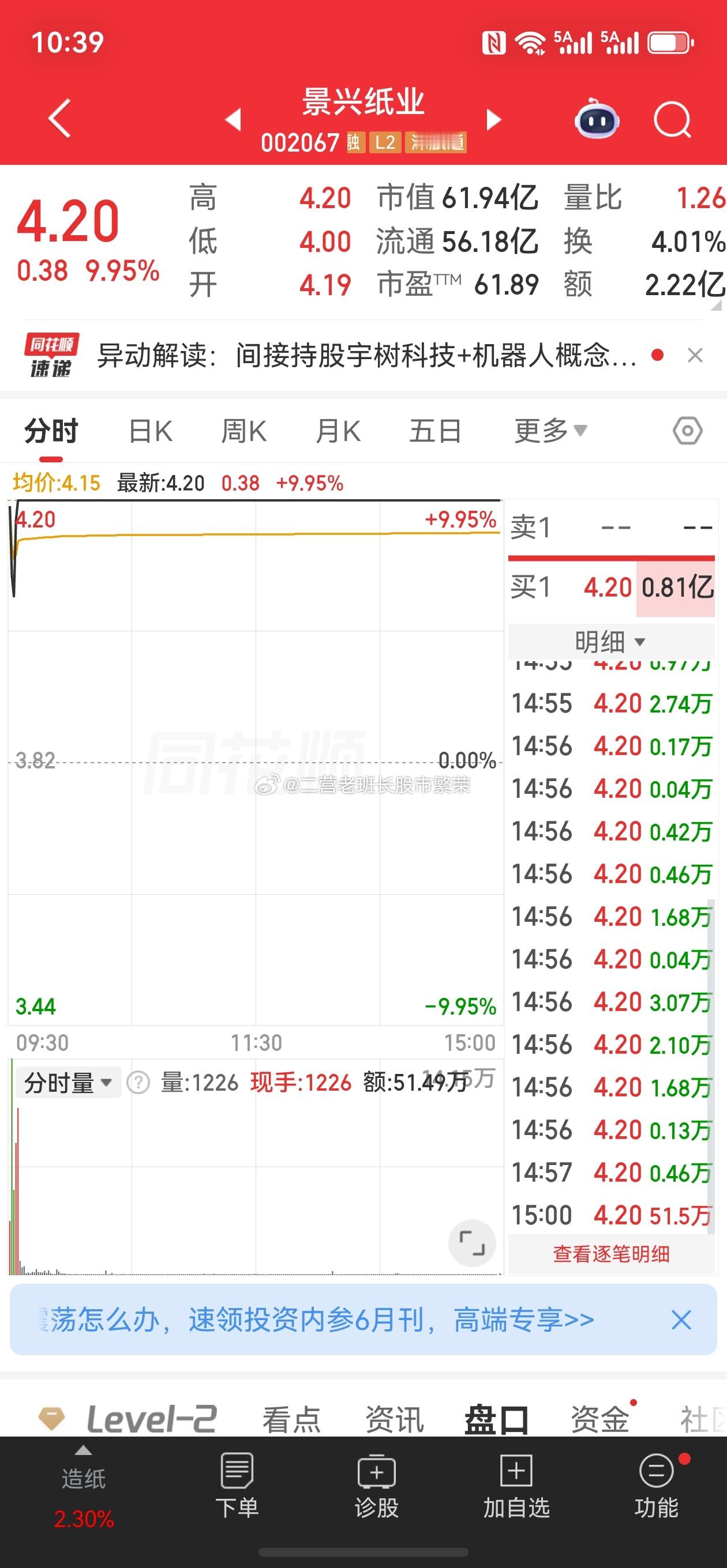 东方财富股票景业纸业，涨跌幅：9.95%机器人；证监会同意宇树科技IPO注册