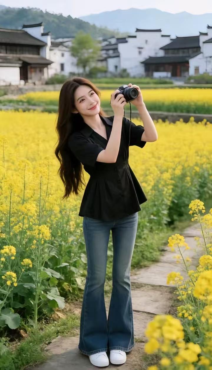 花田倩影嫣然一笑绽芳颜，漫野繁花映玉肩。倩影流连香径里，春风入画胜清妍。