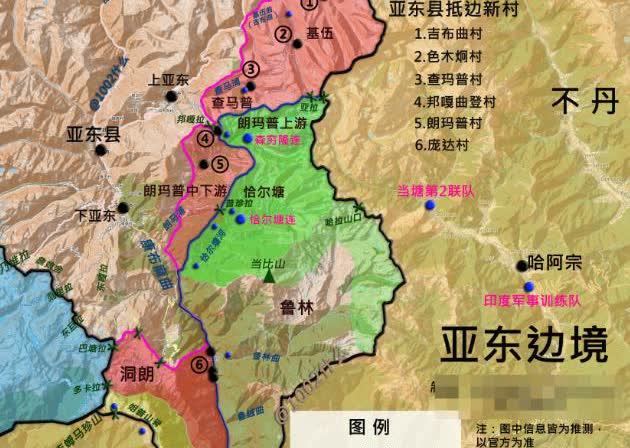 西藏亚东县南部区域：黑线：中方主张线，蓝线：不丹主张线；洞郎区域已经