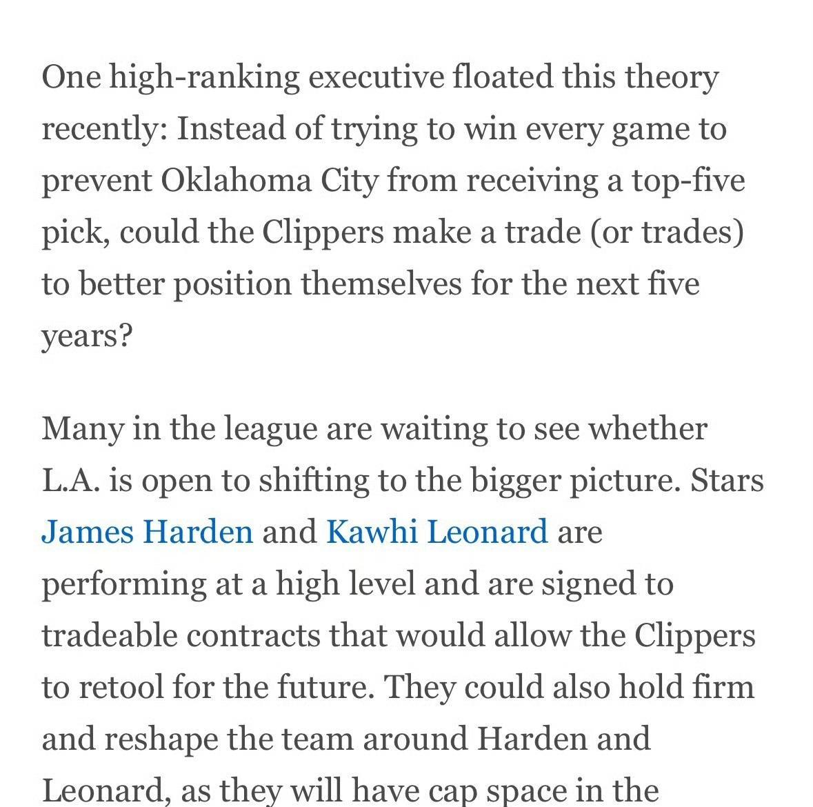 Shams:一位联盟高管近期提出了这样一种构想：快船与其为了不让雷霆拿到前五顺