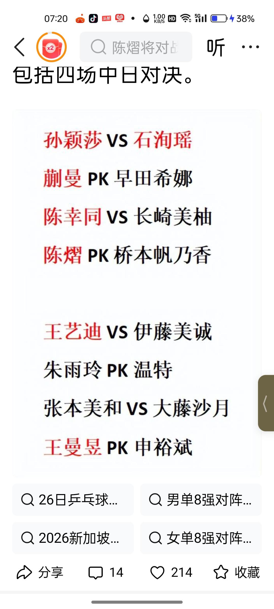 乒球新加坡大满贯赛，今日女乒1/8决赛下来，还能留几位呢！孙颖莎一石洵瑶，孙颖